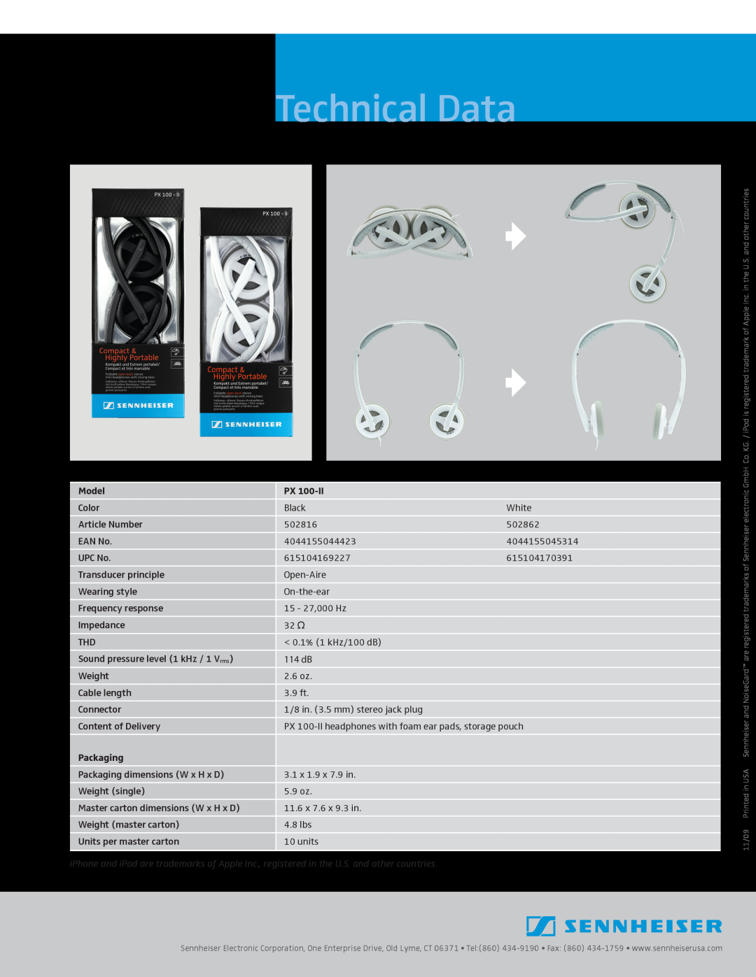 Sennheiser 502862, 502816 manual Technical Data, Model, Packaging 