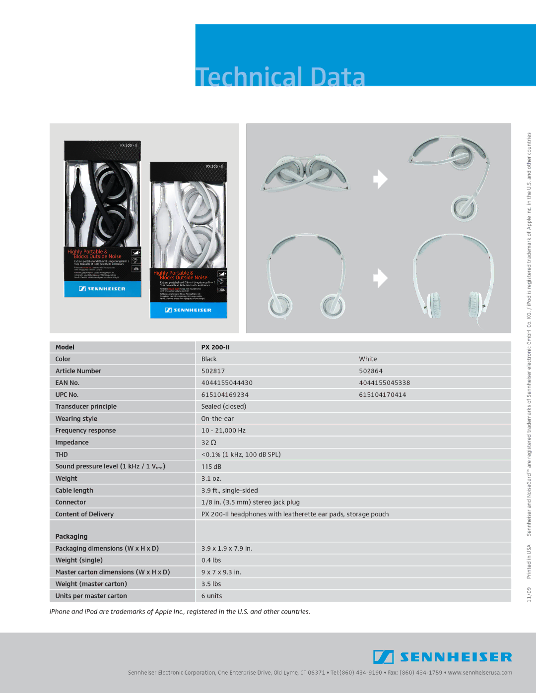 Sennheiser 502864, 502817 manual Technical Data, Model, Thd, Packaging 