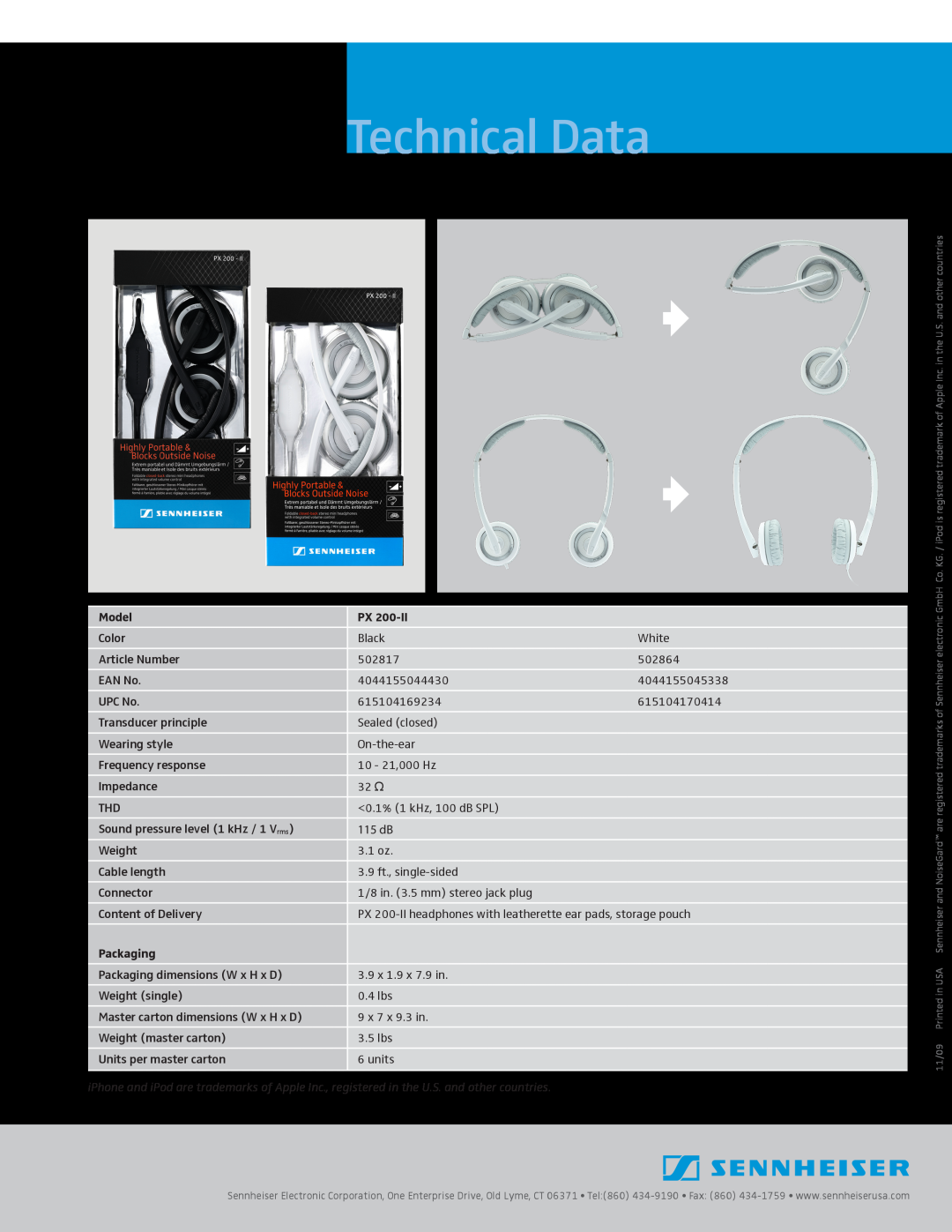 Sennheiser 502864, 502817 manual Technical Data, Model, Packaging 