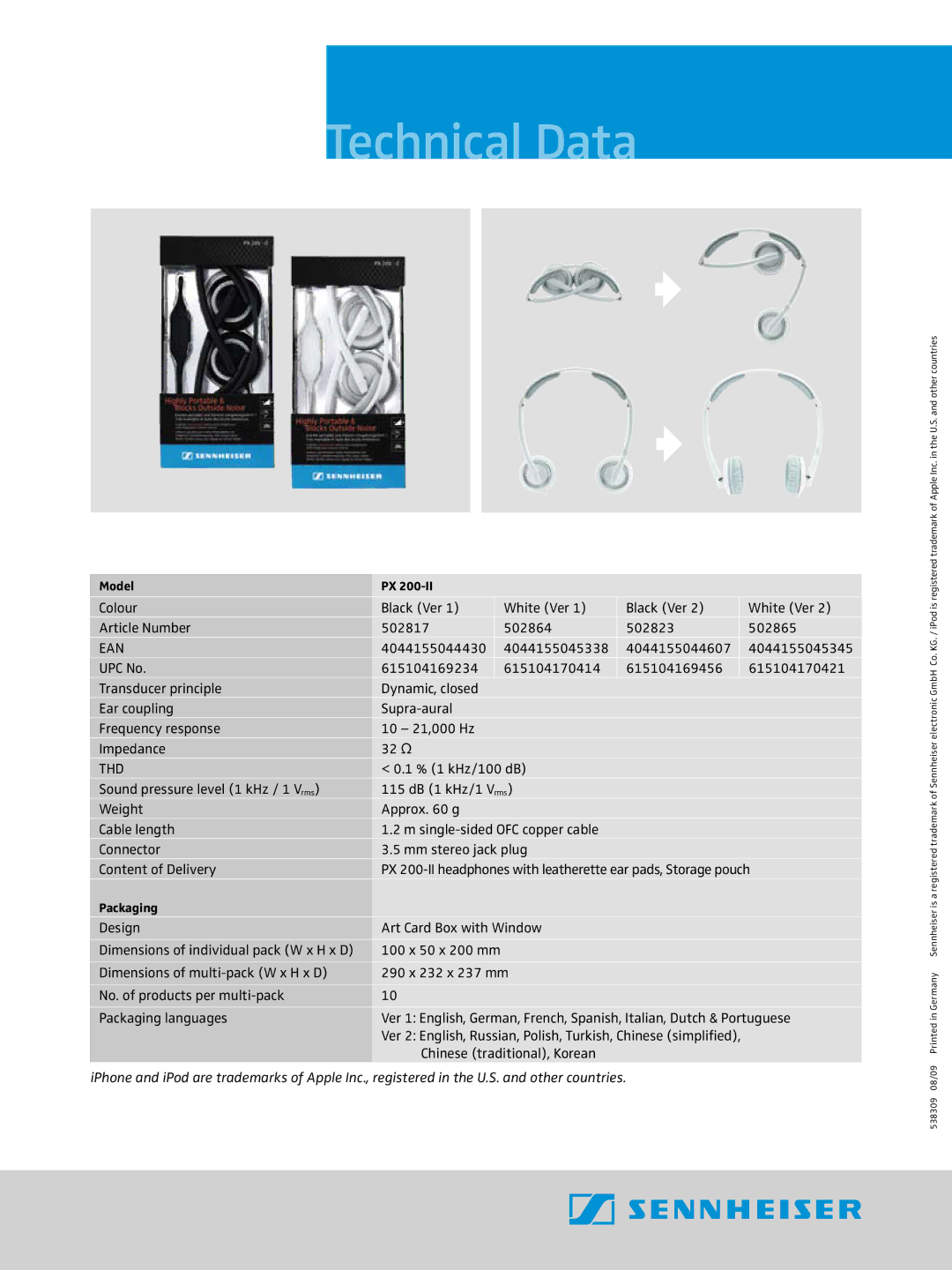 Sennheiser 502864 manual Technical Data, Ean, Thd 