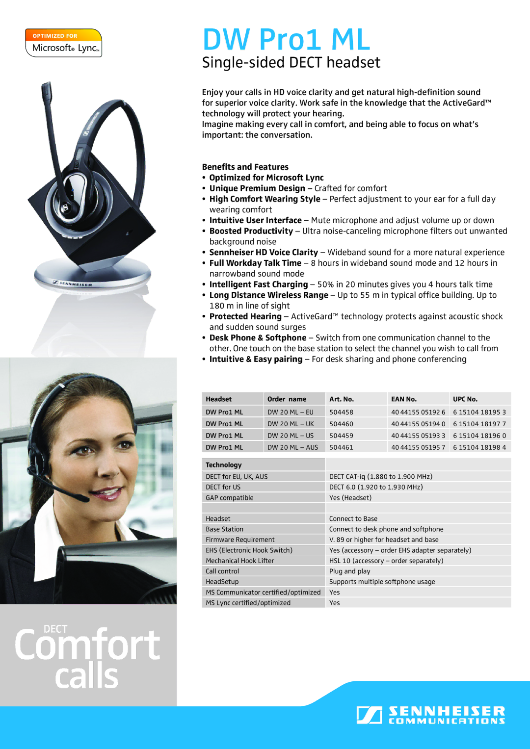 Sennheiser 504459, 504461, 504460, DW PRO1 ML manual Headset Order name Art. No EAN No UPC No, Technology 