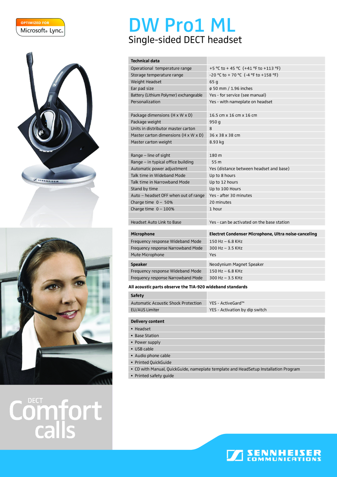 Sennheiser 504460 Technical data, Microphone, Speaker, All acoustic parts observe the TIA-920 wideband standards, Safety 