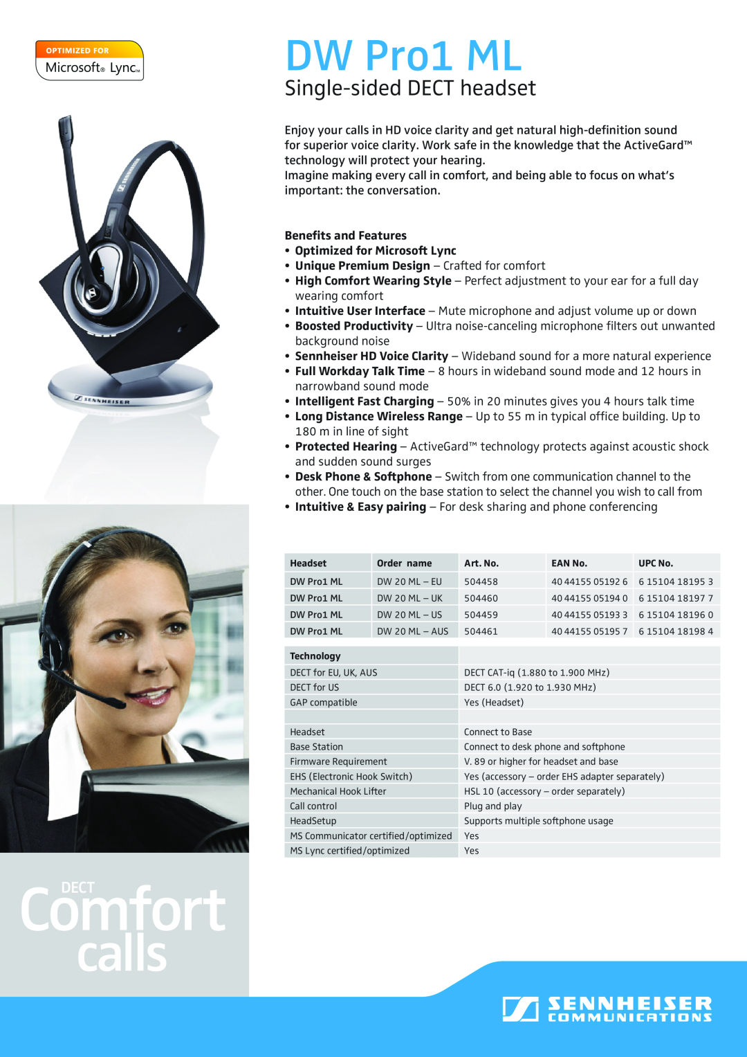 Sennheiser 504459, 504461 manual DW Pro1 ML, Single-sidedDECT headset, Benefits and Features, Optimized for Microsoft Lync 