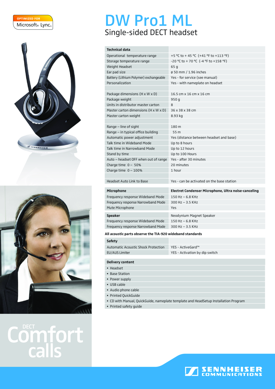Sennheiser 504460 DW Pro1 ML, Single-sidedDECT headset, Technical data, Microphone, Speaker, Safety, Delivery content 