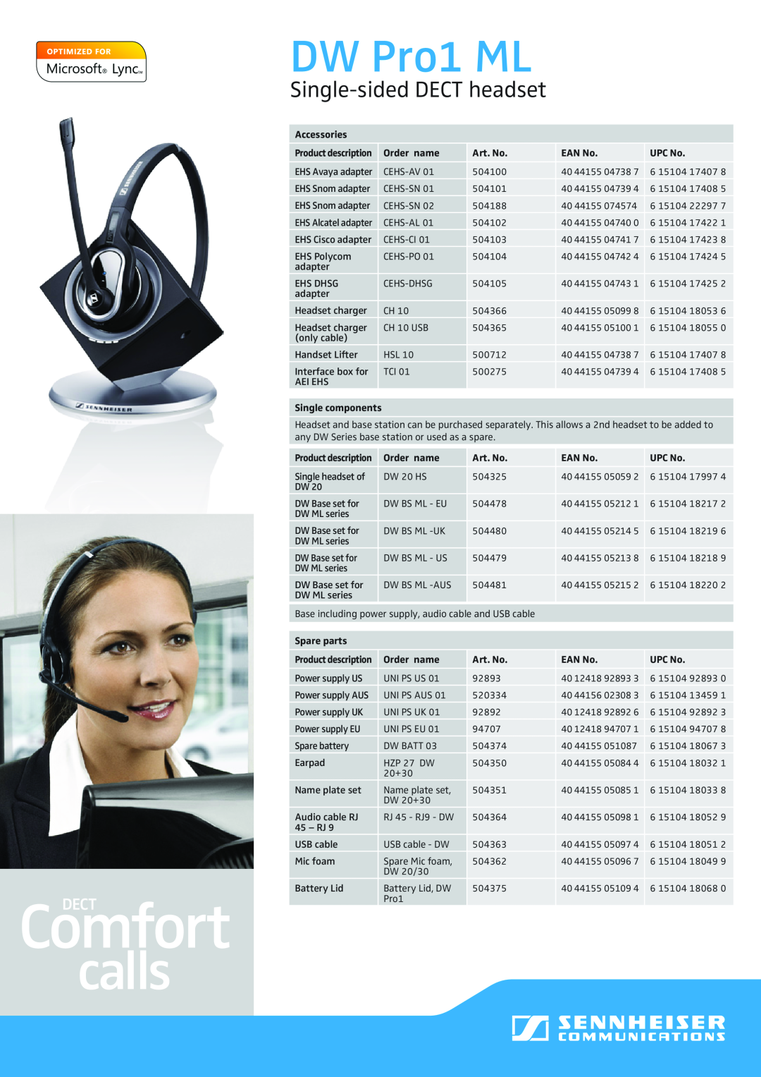 Sennheiser DW PRO1 ML, 504461, 504459, 504460 manual DW Pro1 ML, Single-sidedDECT headset, Accessories 