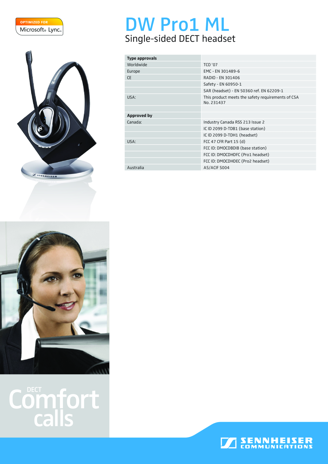 Sennheiser 504461, 504459, 504460, DW PRO1 ML manual DW Pro1 ML, Single-sidedDECT headset, Type approvals, Approved by 