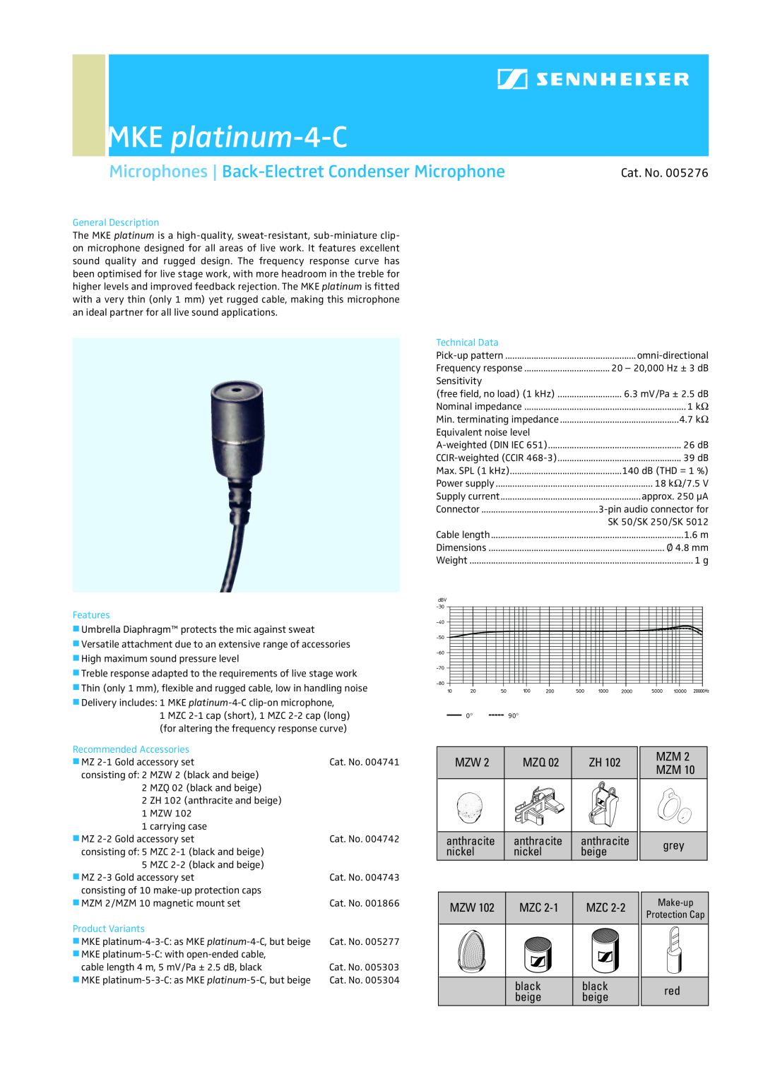 Sennheiser 5276 dimensions MKE platinum-4-C, Microphones Back-Electret Condenser Microphone 