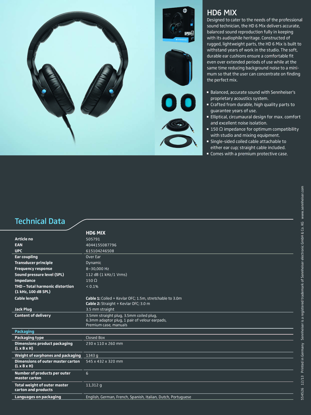 Sennheiser 554526 manual Technical Data, HD6 MIX, Ean, Upc 