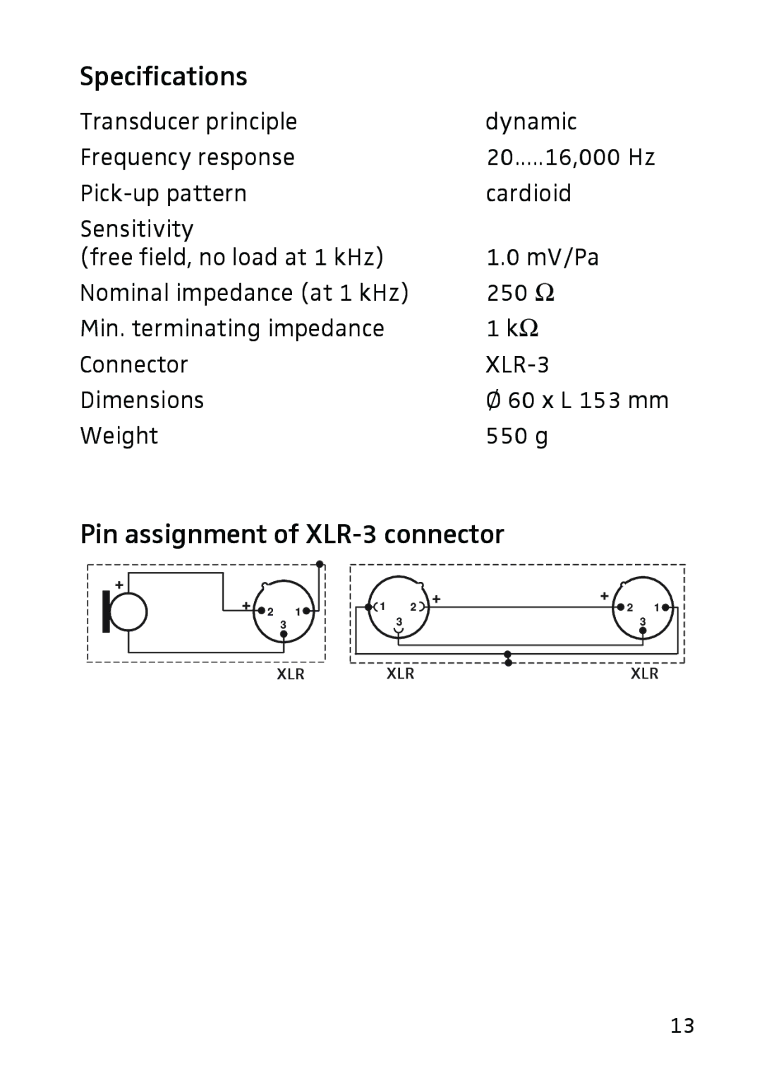 Sennheiser 602 manual Specifications, Pin assignment of XLR-3 connector 