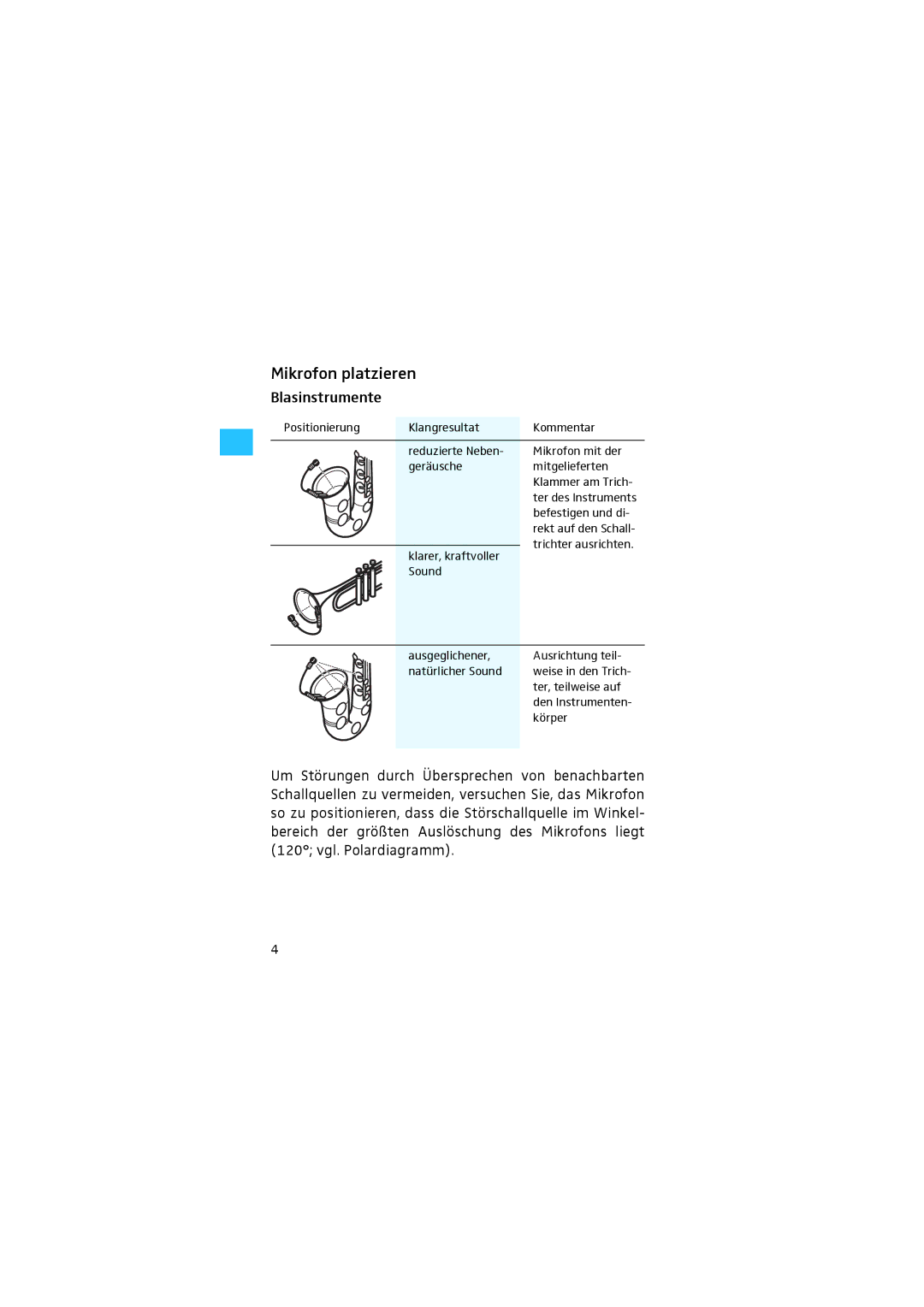 Sennheiser 608 manual Mikrofon platzieren, Blasinstrumente 