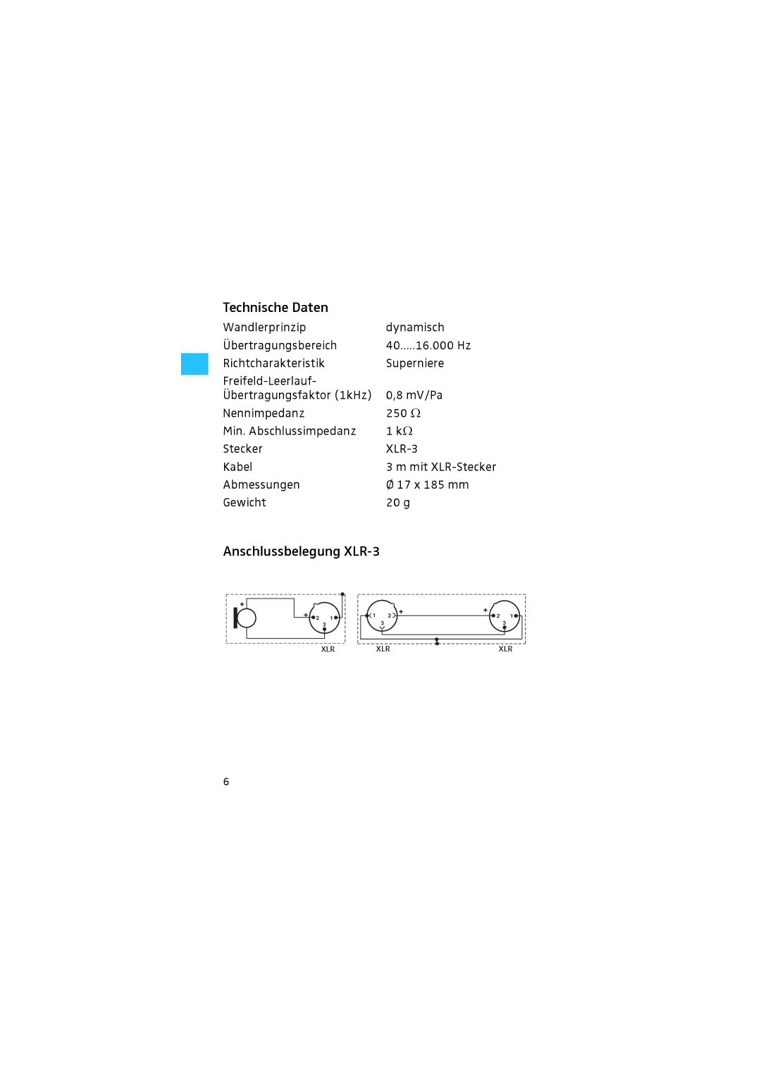 Sennheiser 608 manual Technische Daten, Anschlussbelegung XLR-3 