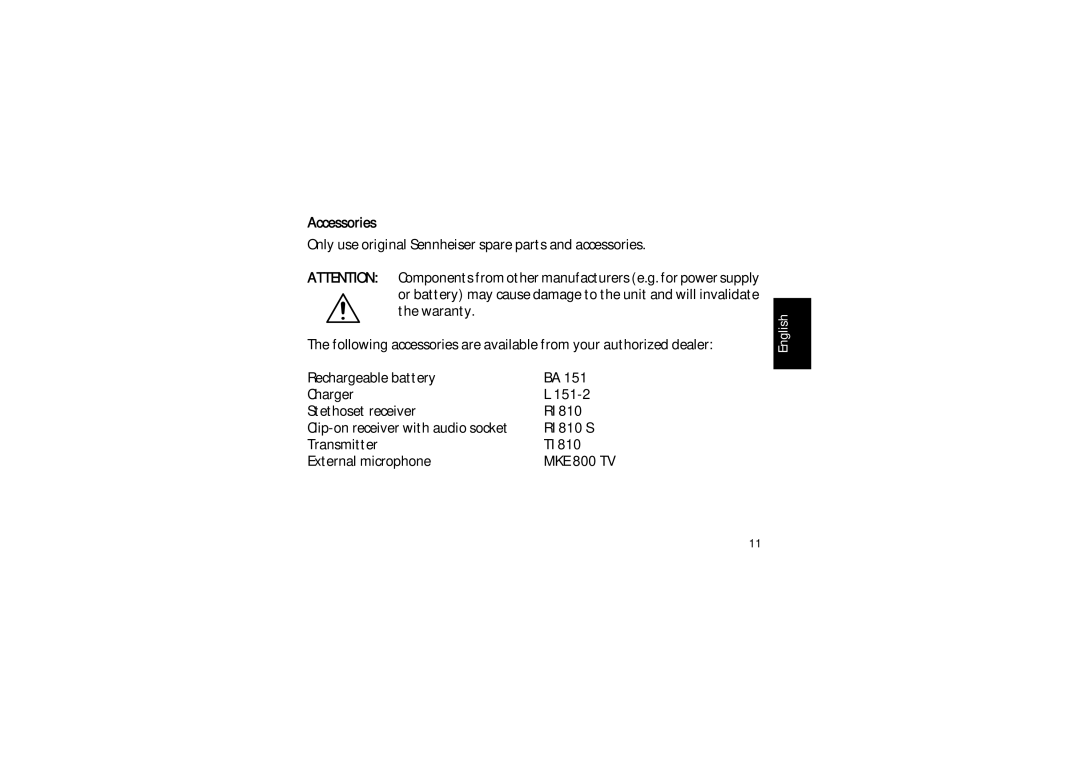 Sennheiser 810 instruction manual Accessories 