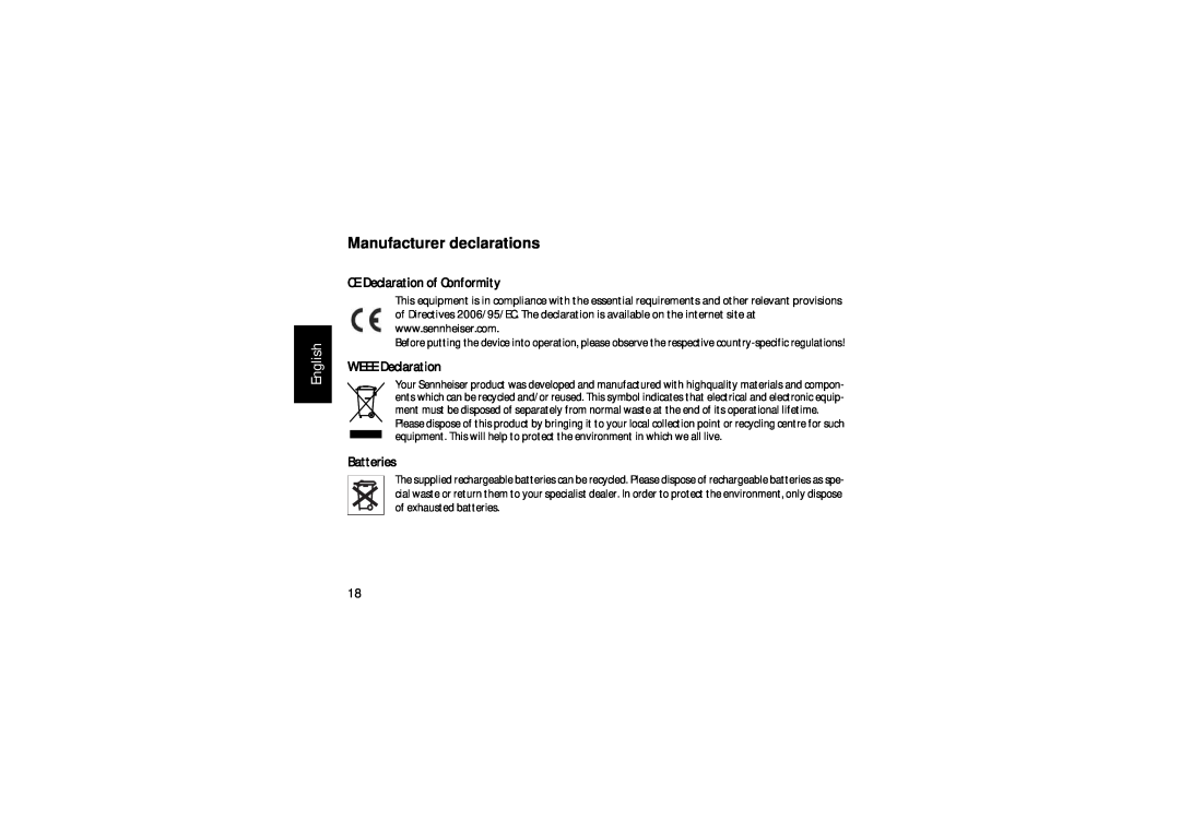Sennheiser 810 Manufacturer declarations, English, CE Declaration of Conformity, WEEE Declaration, Batteries 