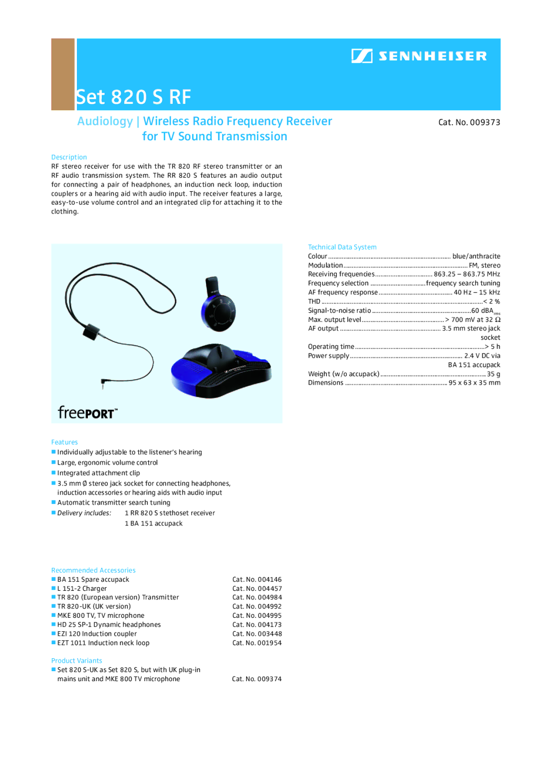 Sennheiser dimensions Set 820 S RF, Audiology Wireless Radio Frequency Receiver, For TV Sound Transmission 