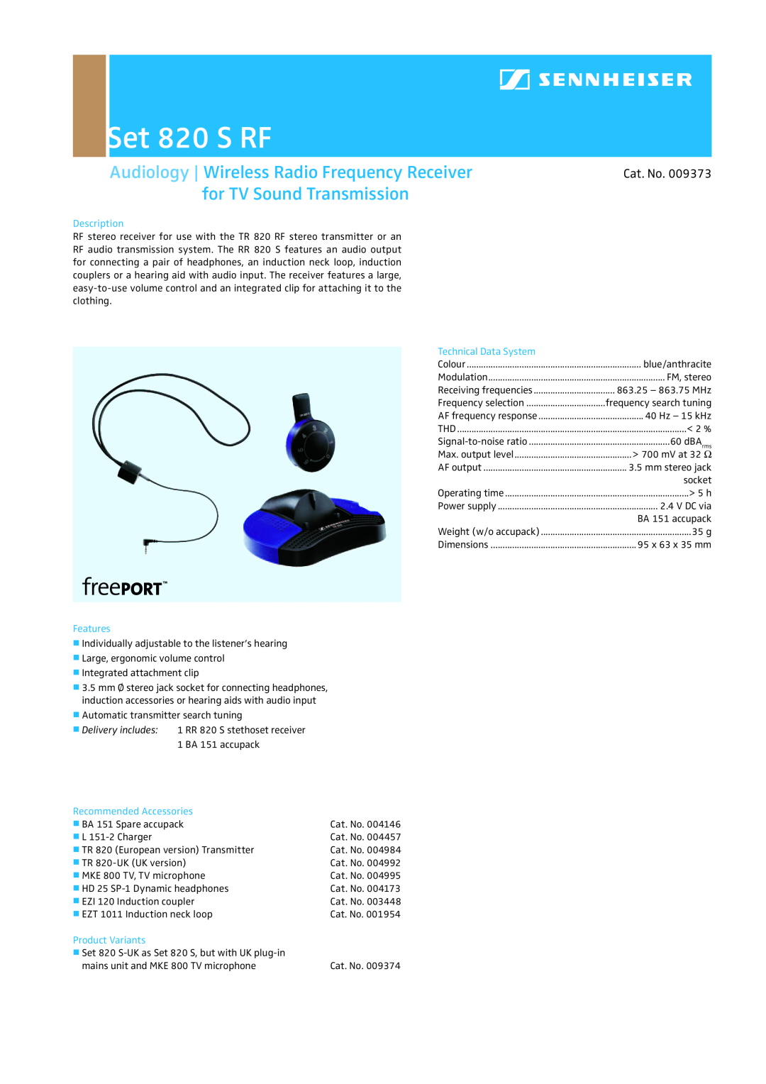 Sennheiser dimensions Set 820 S RF, Audiology Wireless Radio Frequency Receiver, for TV Sound Transmission, Cat. No 