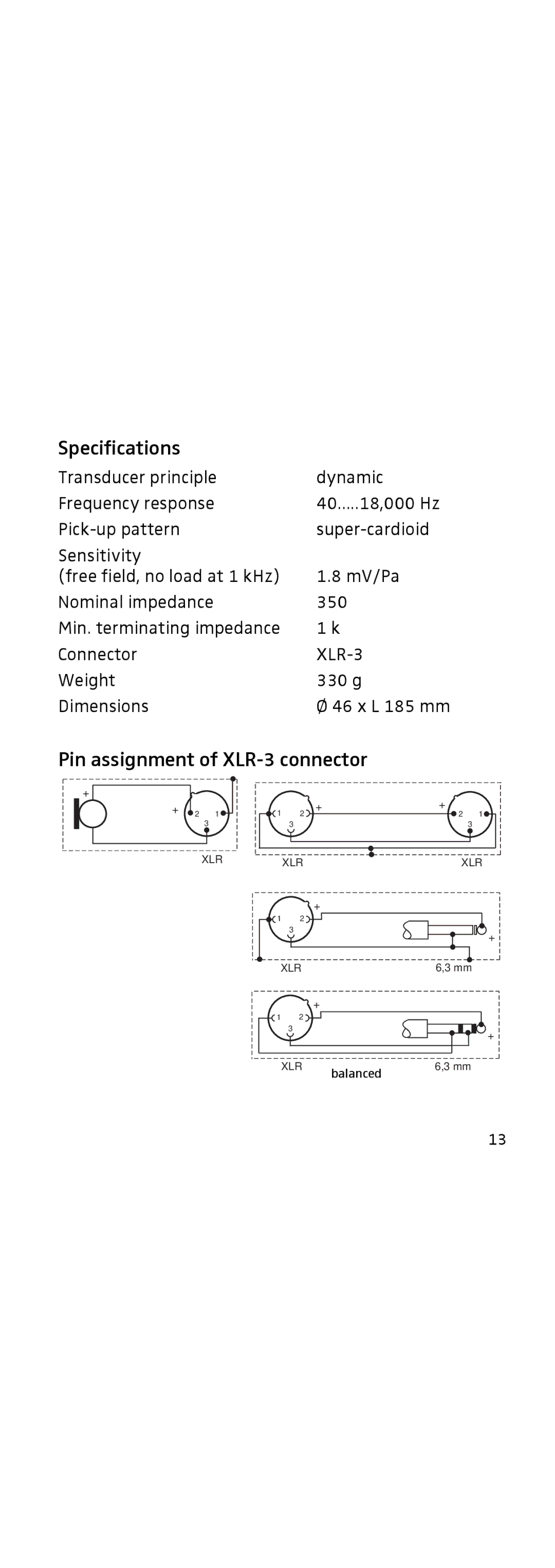 Sennheiser 855 manual Specifications, Pin assignment of XLR-3 connector 