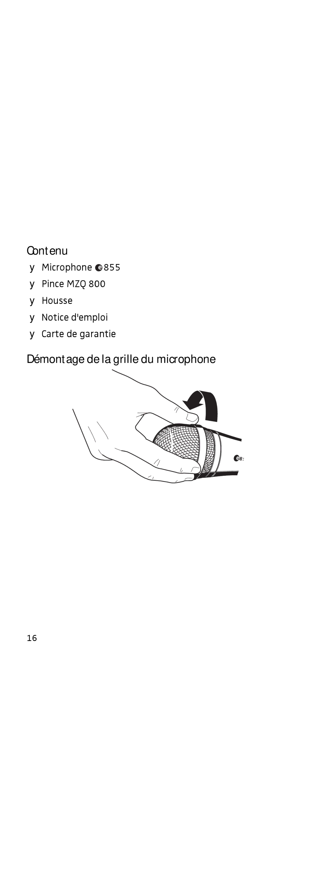 Sennheiser 855 manual Contenu, Démontage de la grille du microphone 