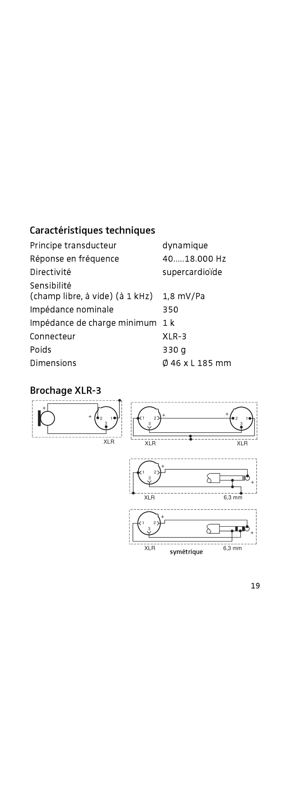 Sennheiser 855 manual Caractéristiques techniques, Brochage XLR-3 