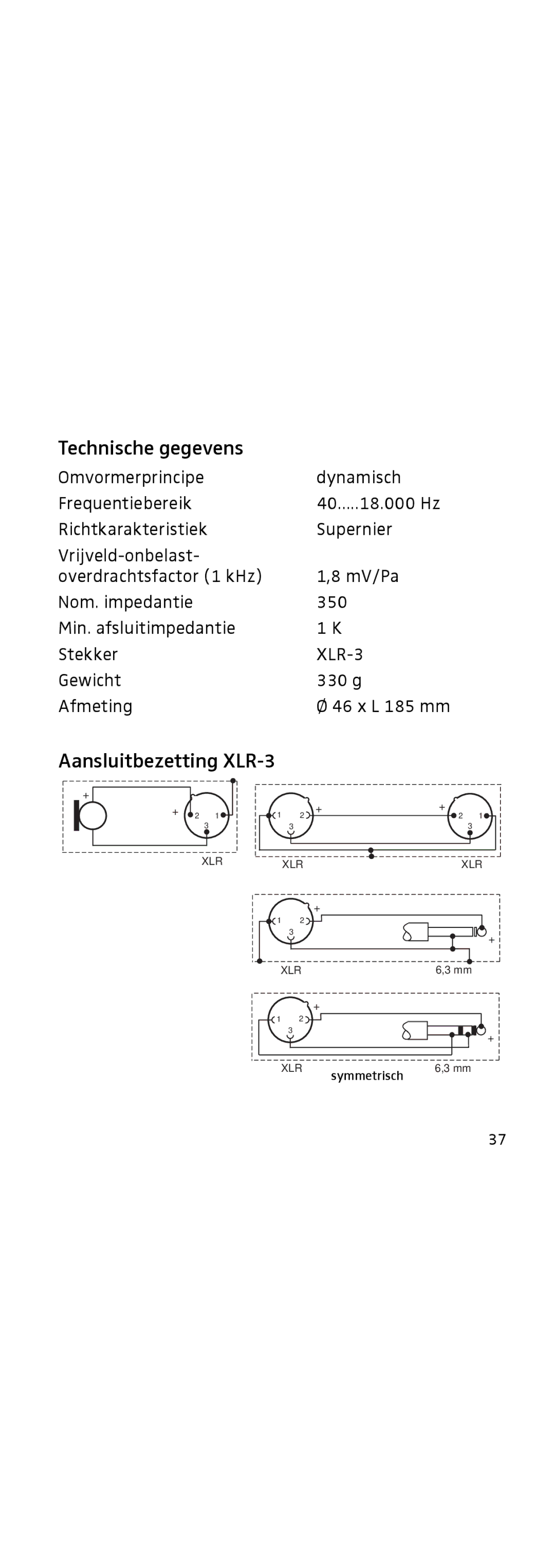 Sennheiser 855 manual Technische gegevens, Aansluitbezetting XLR-3 