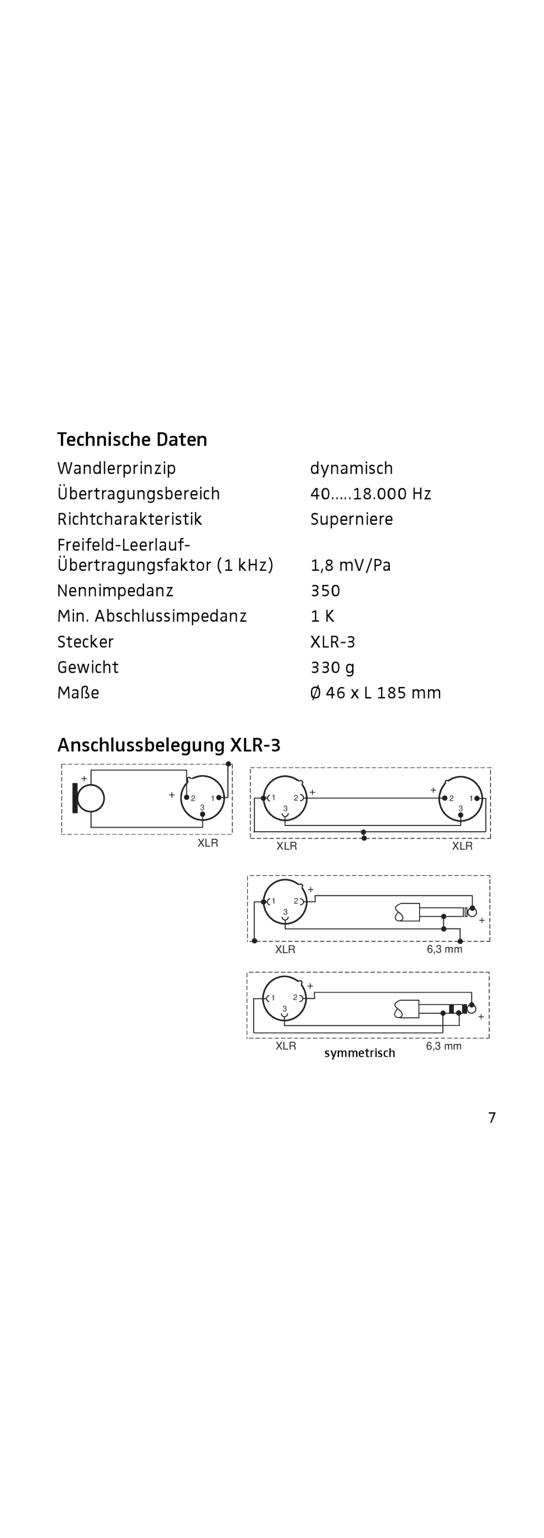 Sennheiser 855 manual Technische Daten, Anschlussbelegung XLR-3 