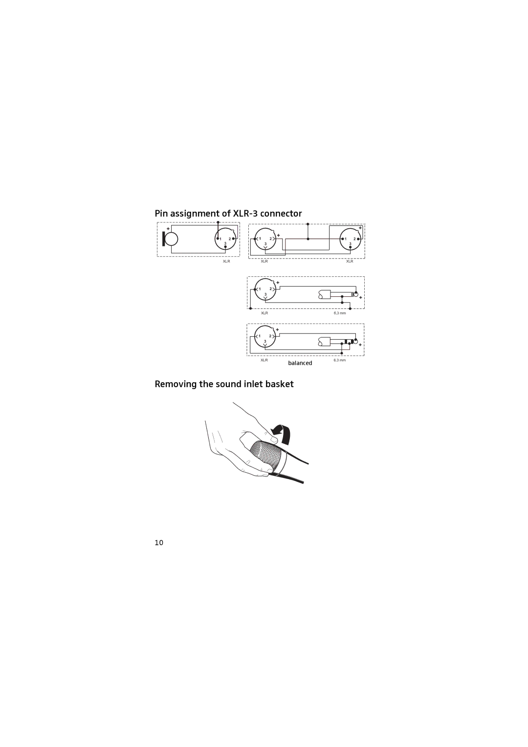 Sennheiser 905 manual Pin assignment of XLR-3 connector, Removing the sound inlet basket 