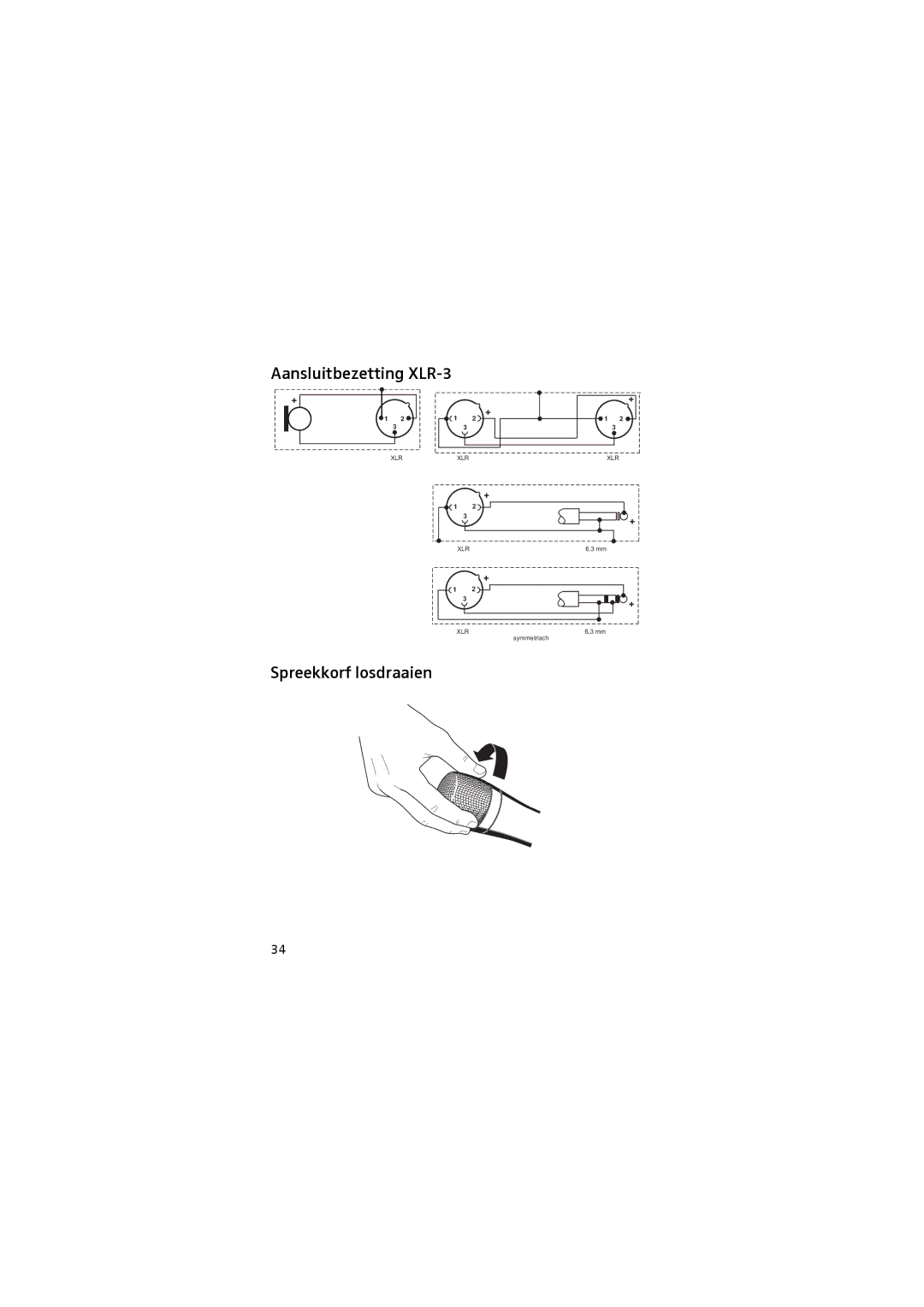 Sennheiser 905 manual Aansluitbezetting XLR-3, Spreekkorf losdraaien 