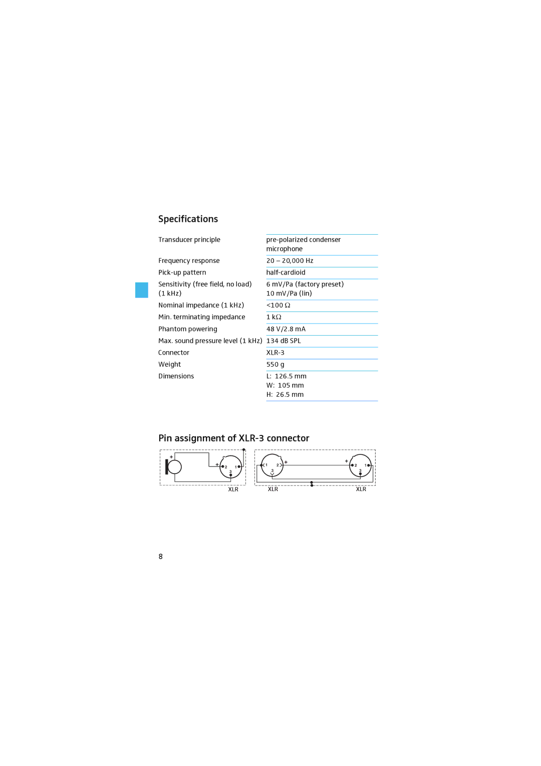 Sennheiser 912 S manual Specifications, Pin assignment of XLR-3 connector 