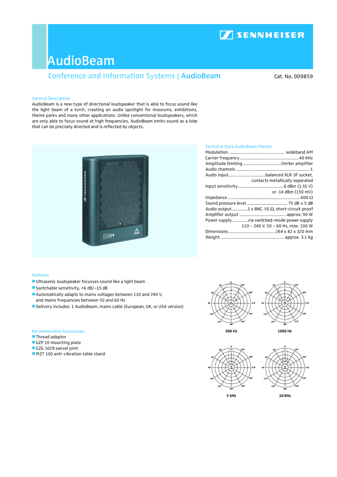 Sennheiser 9859 dimensions General Description, Technical Data AudioBeam Master, Features 