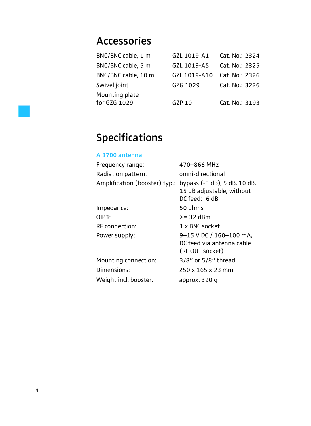 Sennheiser A 3700 manual Accessories, Specifications, Antenna 