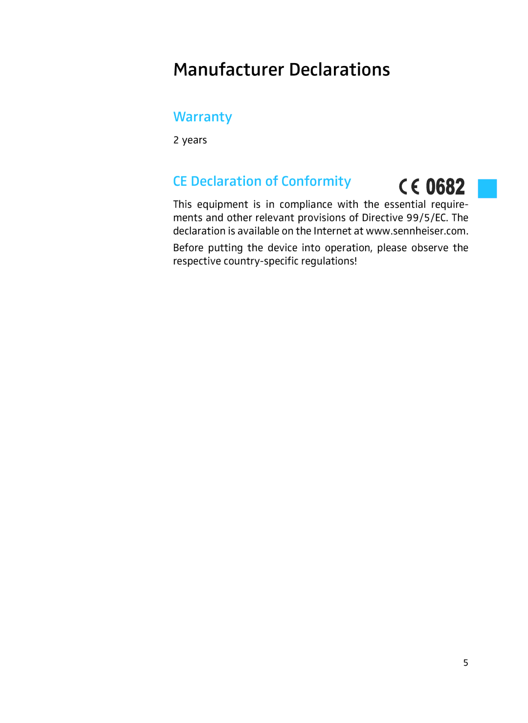 Sennheiser A 3700 manual Manufacturer Declarations, Warranty, CE Declaration of Conformity 