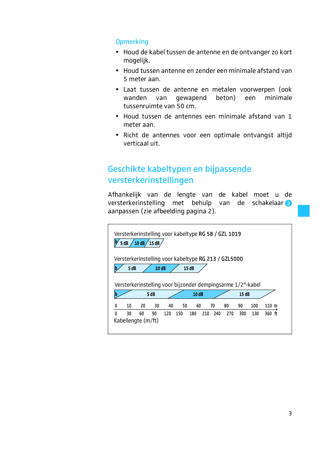 Sennheiser A 3700 manual Geschikte kabeltypen en bijpassende versterkerinstellingen, Opmerking 