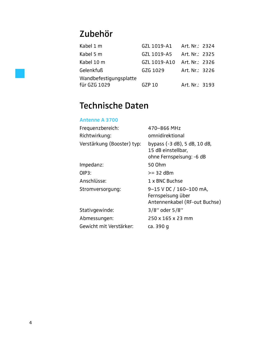 Sennheiser A 3700 manual Zubehör, Technische Daten, Antenne a 