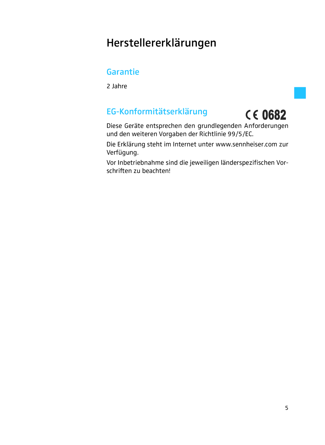 Sennheiser A 3700 manual Herstellererklärungen, Garantie, EG-Konformitätserklärung 