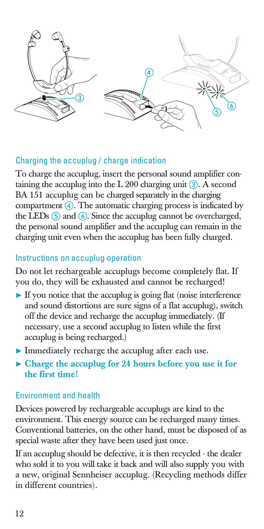 Sennheiser A200 manual Charging the accuplug / charge indication, LEDs, Instructions on accuplug operation 