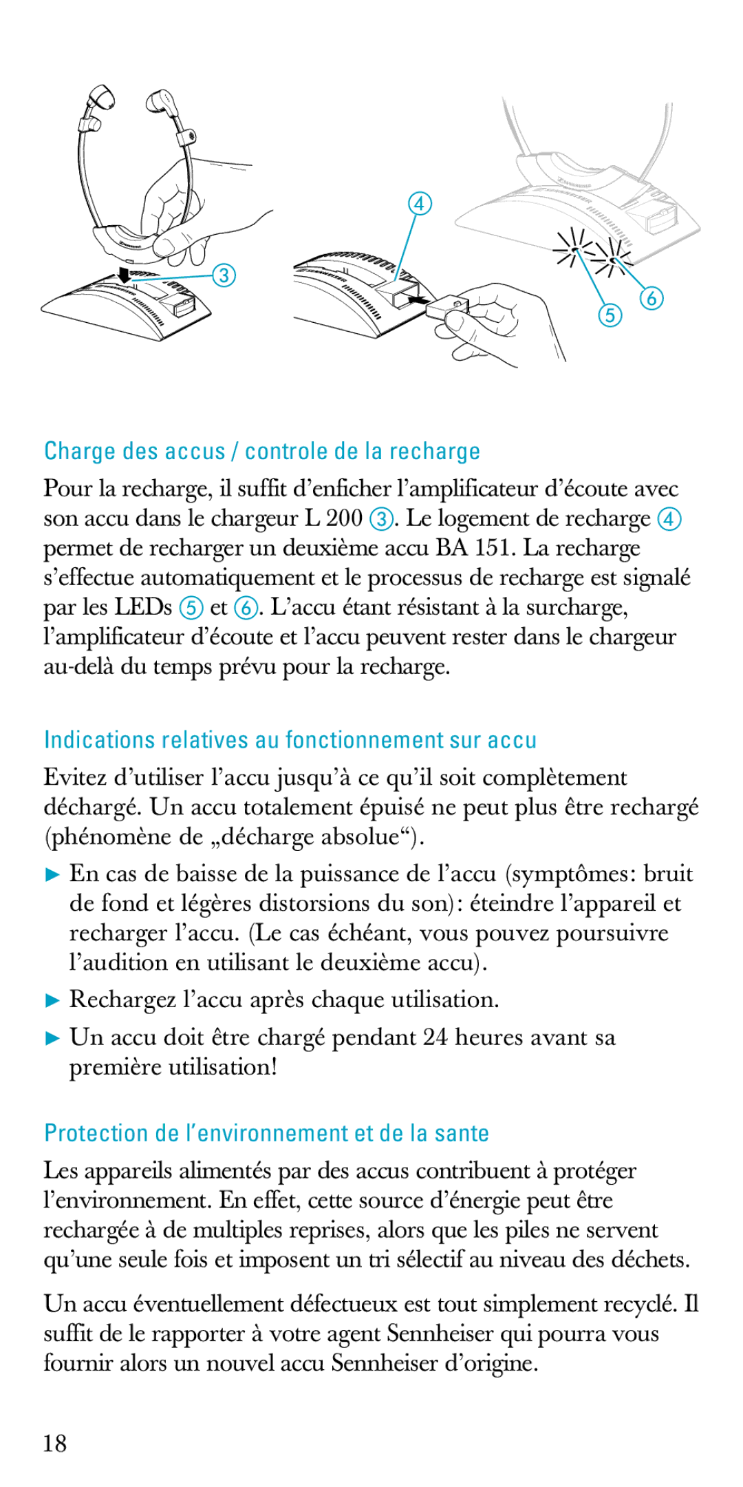 Sennheiser A200 manual Charge des accus / controle de la recharge, Indications relatives au fonctionnement sur accu 