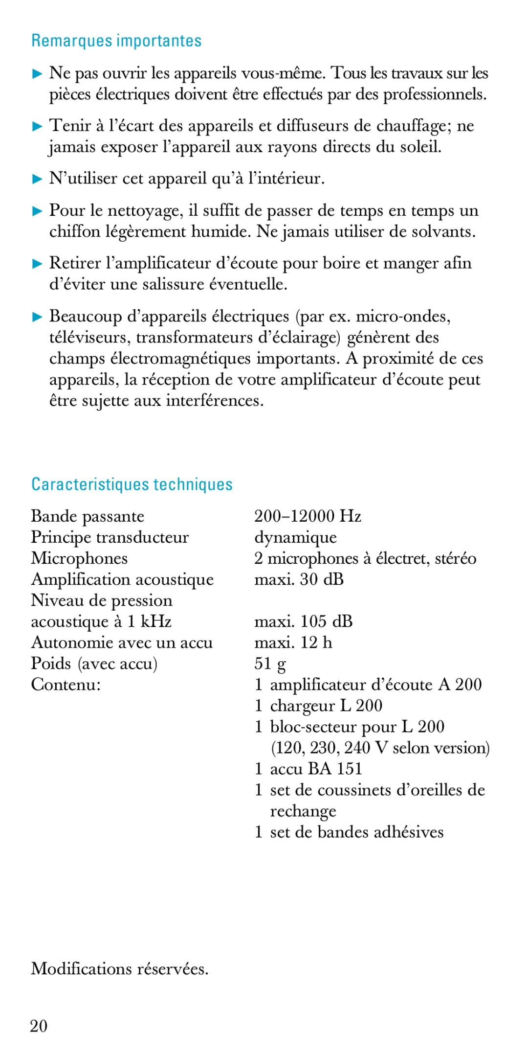 Sennheiser A200 manual Remarques importantes 