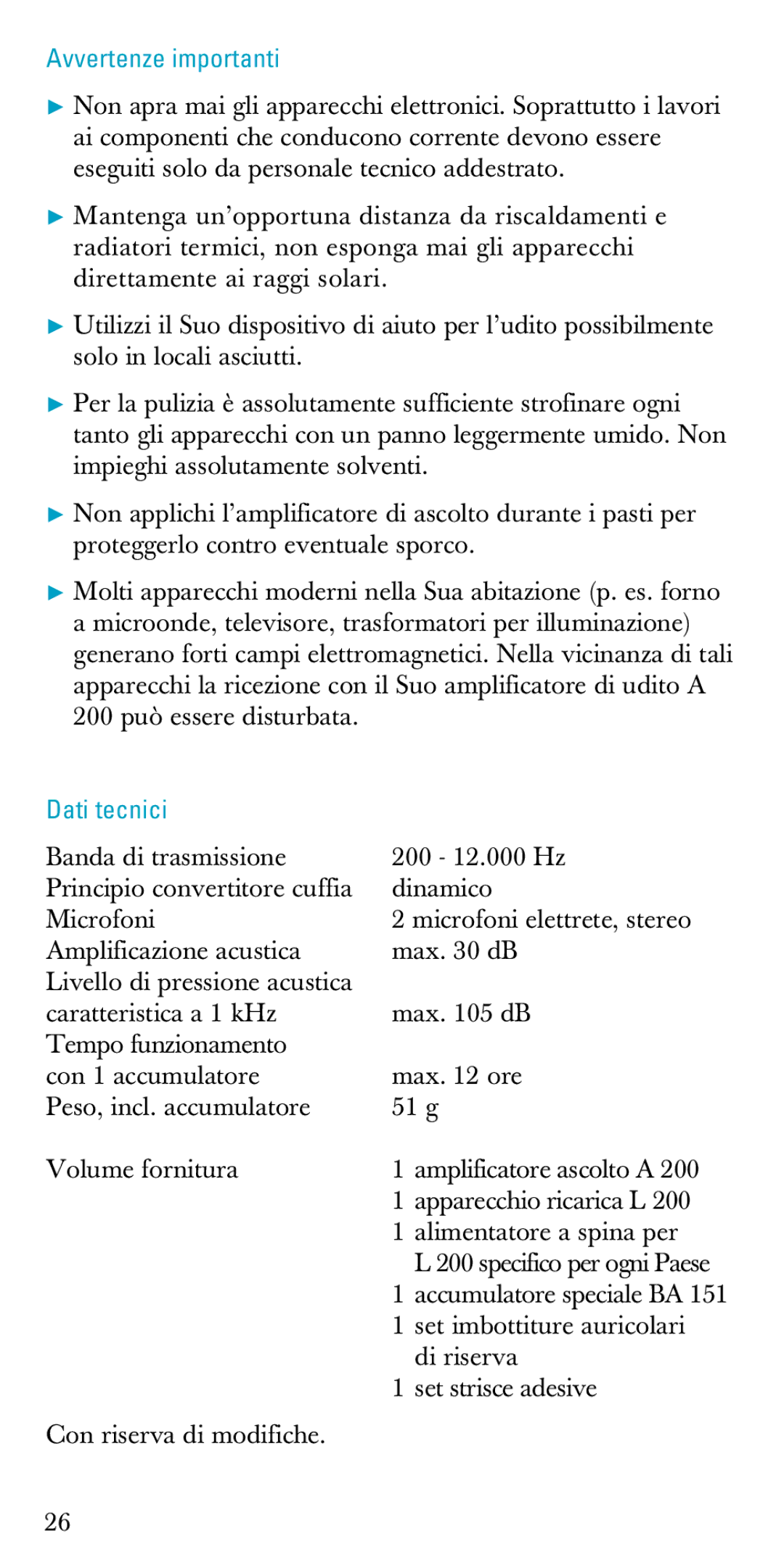 Sennheiser A200 manual Avvertenze importanti, Dati tecnici 