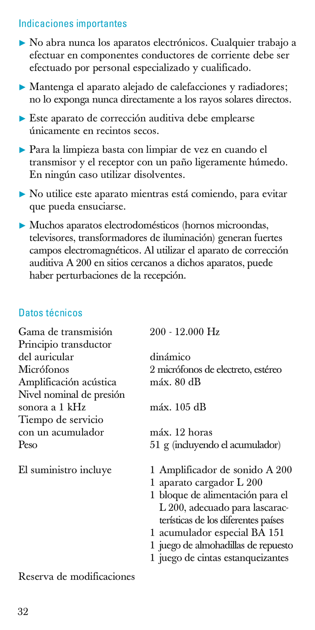 Sennheiser A200 manual Indicaciones importantes, Datos técnicos 