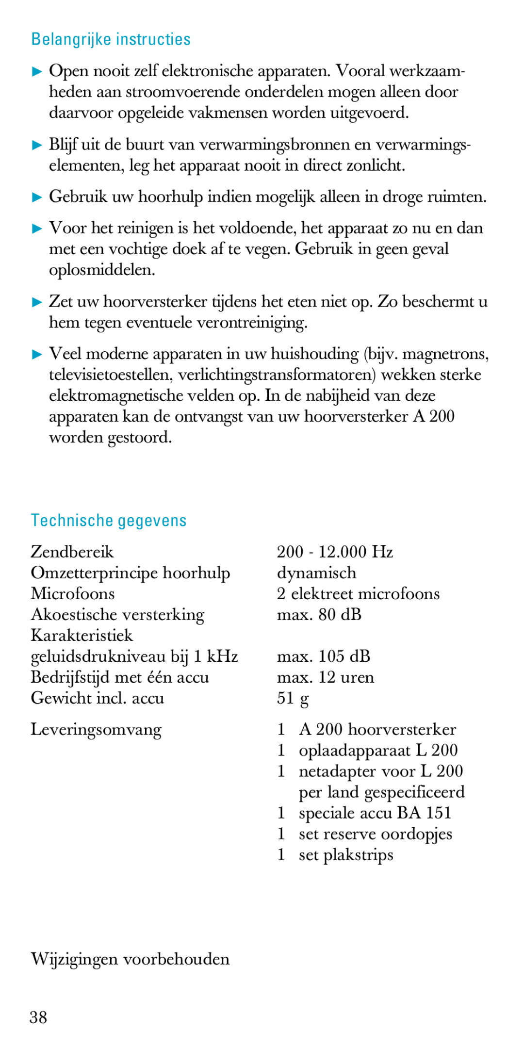 Sennheiser A200 manual Belangrijke instructies, Technische gegevens 