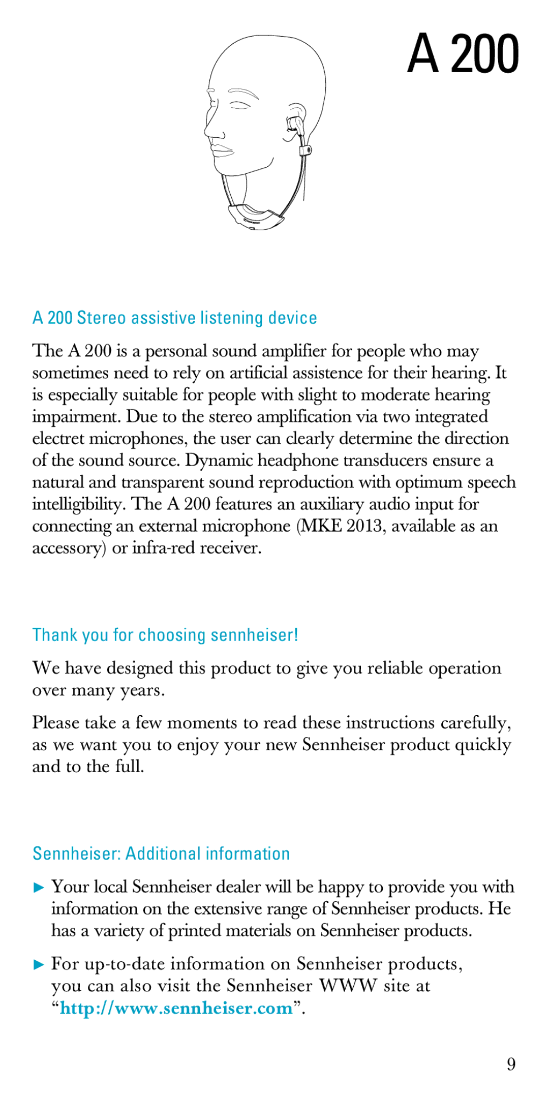 Sennheiser A200 Stereo assistive listening device, Thank you for choosing sennheiser, Sennheiser Additional information 