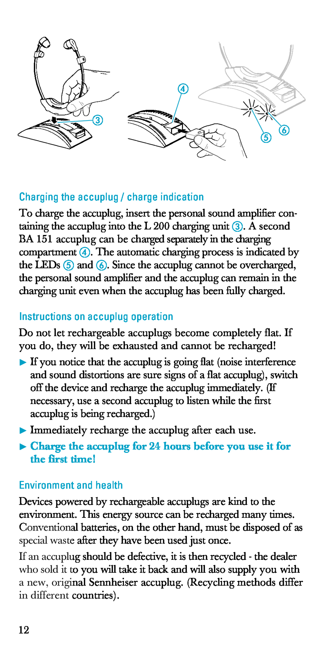 Sennheiser A200 Charging the accuplug / charge indication, Instructions on accuplug operation, Environment and health 