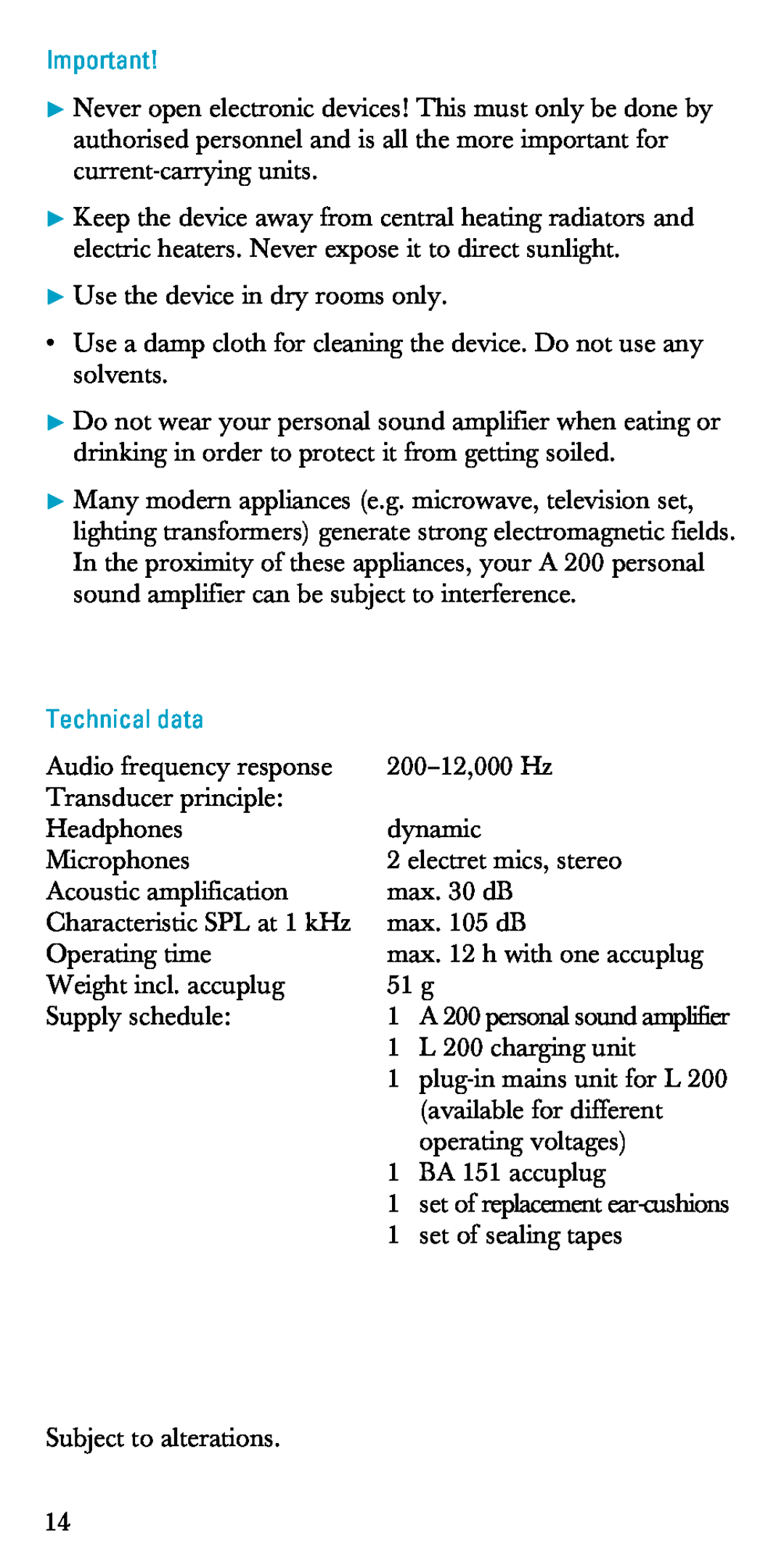 Sennheiser A200 manual Technical data, Use the device in dry rooms only 