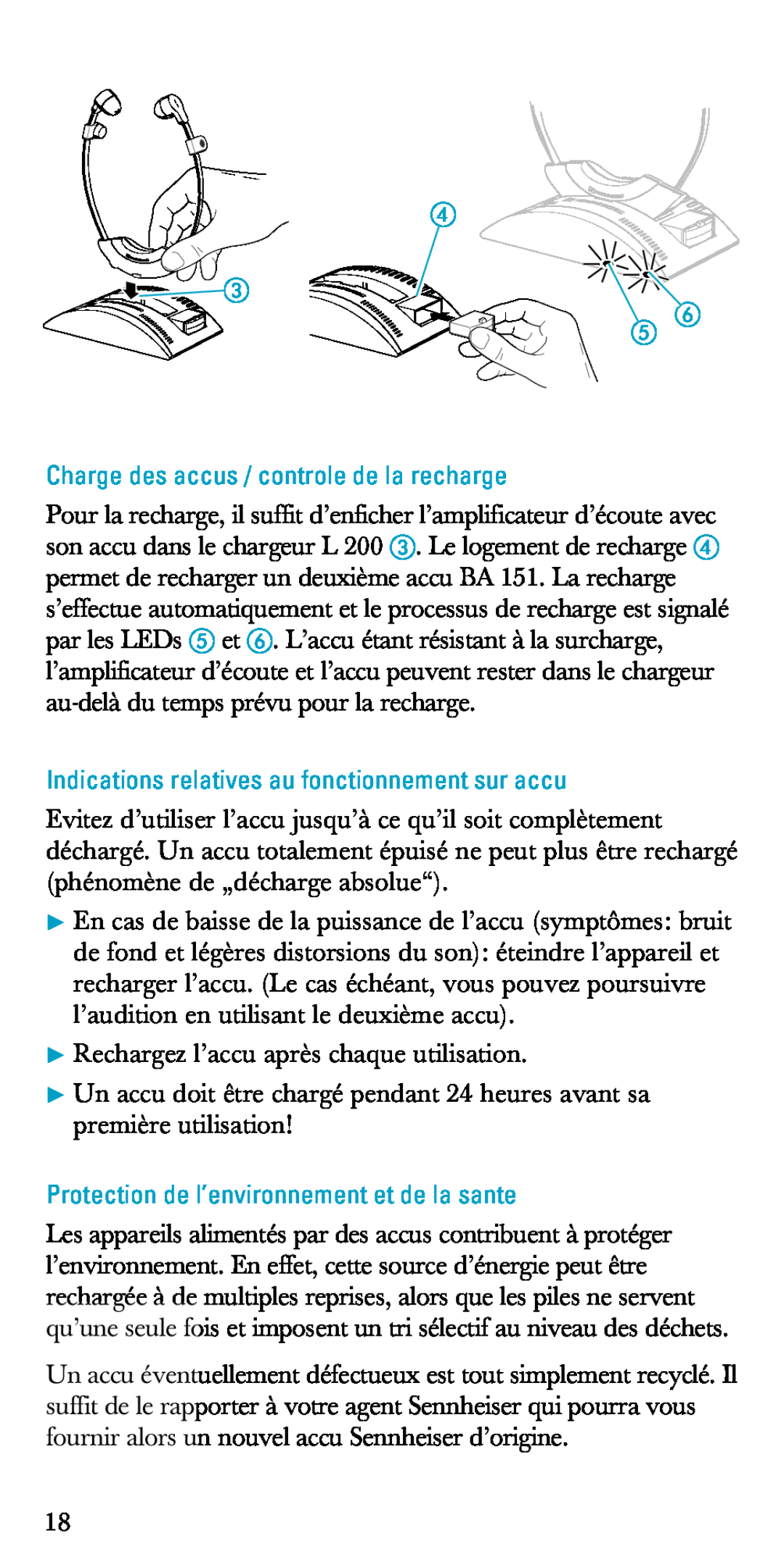 Sennheiser A200 manual Charge des accus / controle de la recharge, Indications relatives au fonctionnement sur accu 