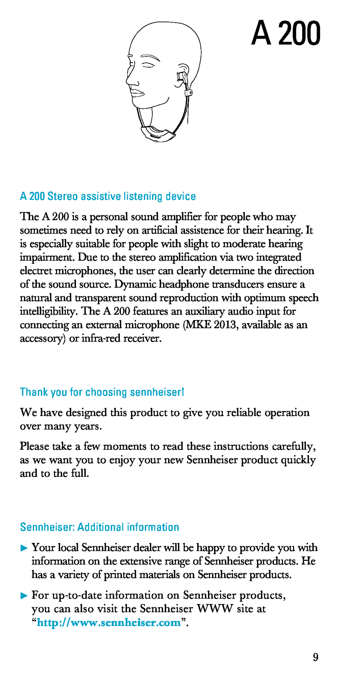 Sennheiser A200 manual A 200 Stereo assistive listening device, Thank you for choosing sennheiser 