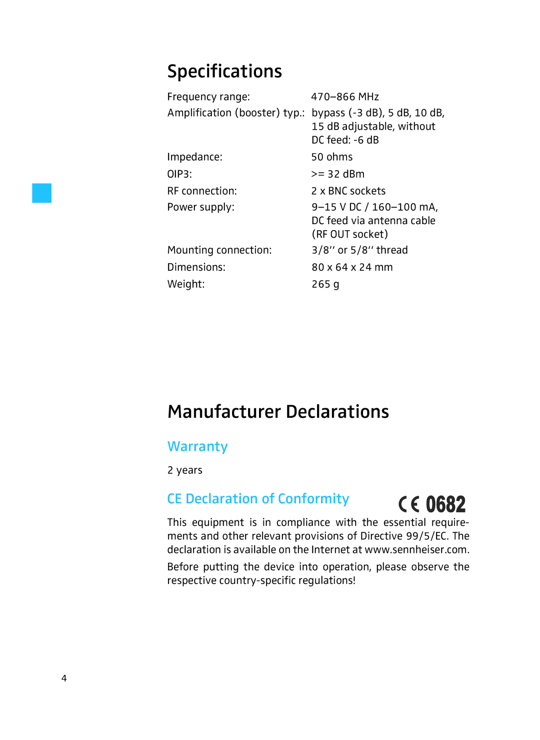 Sennheiser AB 3700 manual Specifications, Manufacturer Declarations, Warranty, CE Declaration of Conformity 