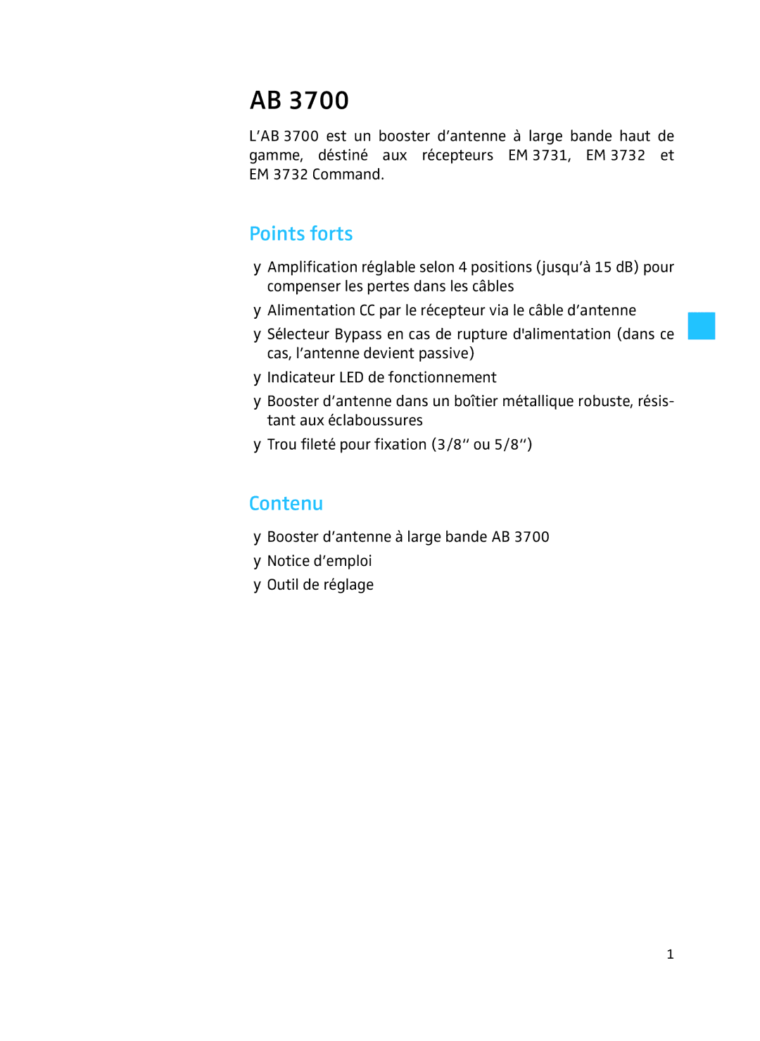 Sennheiser AB 3700 manual Points forts, Contenu 