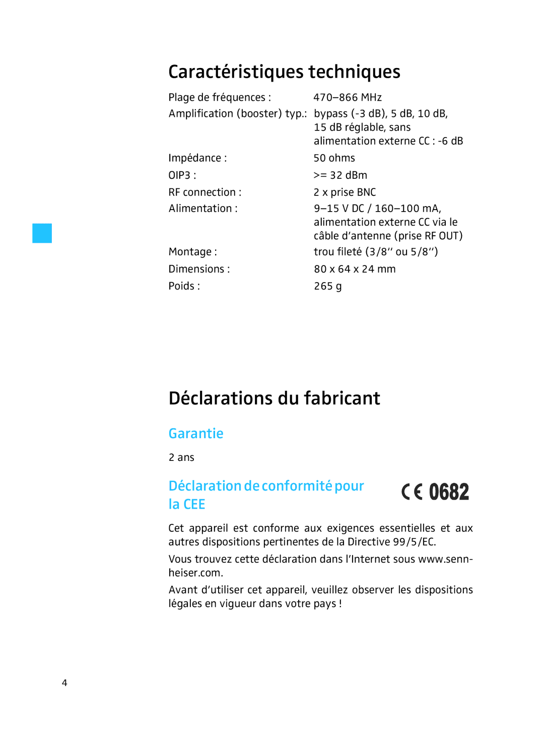 Sennheiser AB 3700 manual Caractéristiques techniques, Déclarations du fabricant, Déclarationdeconformitépour la CEE 