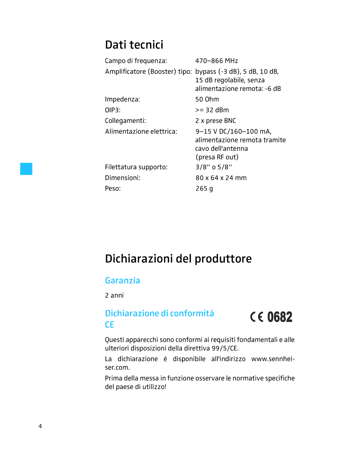 Sennheiser AB 3700 manual Dati tecnici, Dichiarazioni del produttore, Garanzia, Dichiarazione di conformità 