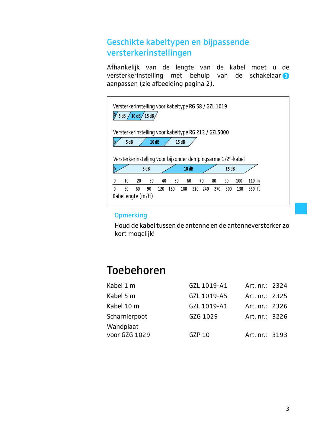 Sennheiser AB 3700 manual Toebehoren, Geschikte kabeltypen en bijpassende versterkerinstellingen 