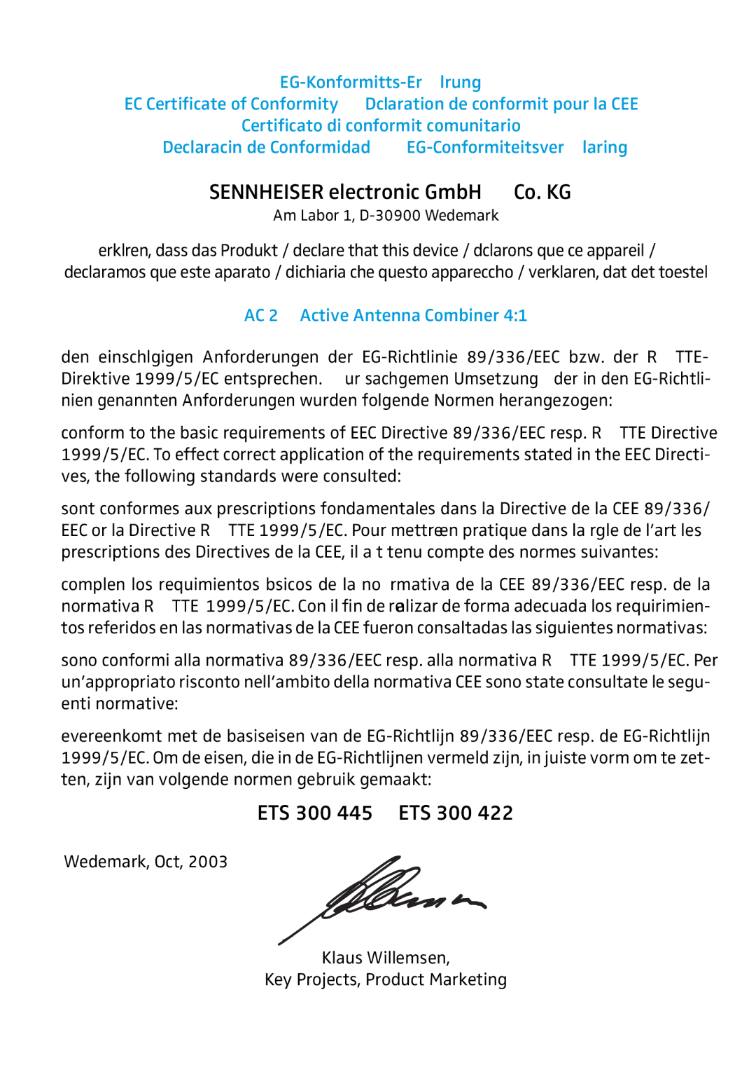 Sennheiser manual Sennheiser electronic GmbH & Co. KG, AC 2 Active Antenna Combiner 